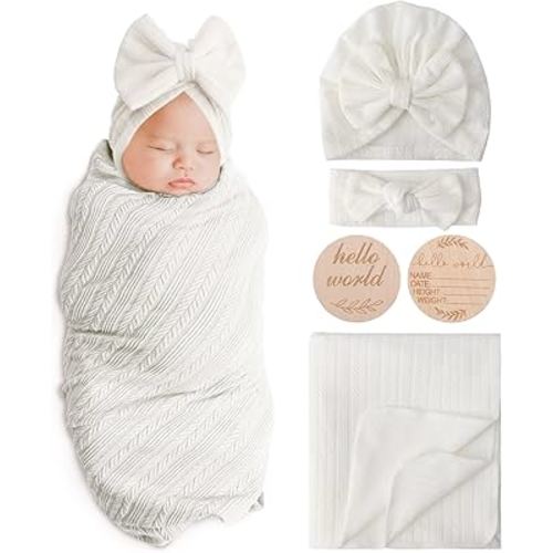 Newborn Receiving Blanket with Bow Hat Headband Wooden Card Set Wheat-Pattern Newborns Toddler Baby Boy Girl Nursery Swaddle Wrap