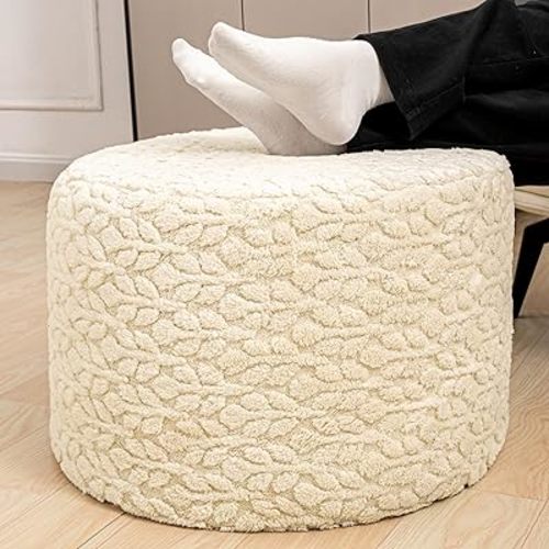 Round Pouf Ottoman 20 x 20 x 14 Inches Boho Poof Home Decor Floor Pouffe Ottoman Foot Rest for Couch Sofa Bean Bag Chairs Living Room Bedroom (Linen White)
