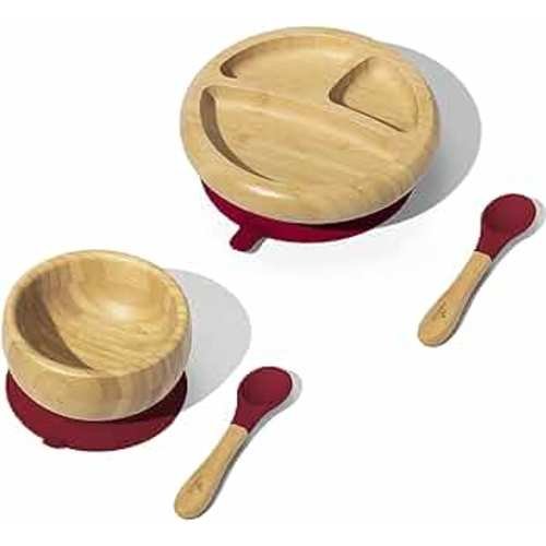 Avanchy Bamboo Baby Plate, Bowl & Spoons Set - Baby Cutlery - Bamboo Kids Bowl - BPA Free Bowl - Bamboo Kids Utensils - Bamboo Kids Bowl (Magenta Essentials)