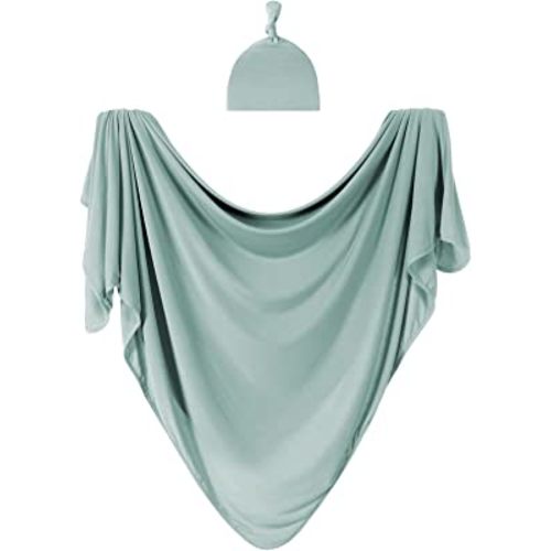 Large Jersey Knitted Swaddle Blanket for Baby, Soft Stretchy Receiving Blanket for Newborns with Hat, Large 47 x 47 inches (Seafoam), 47x47x0.01 inches (BY001)