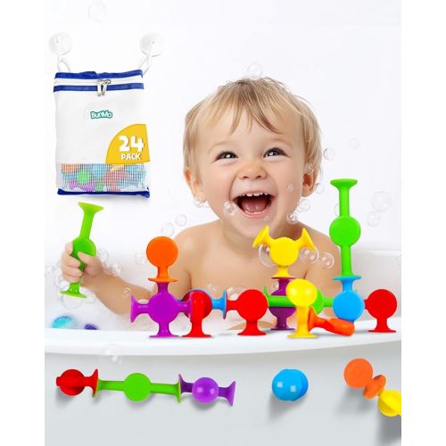 BUNMO Bath Toys Suction - Connect, Build, Create - Toddler Bath Toys - Hours of Fun & Creativity - Fine Motor Skills - Stimulating Sensory Toys - Non-Mouthable Toy 3+ - Textured 10 Pack