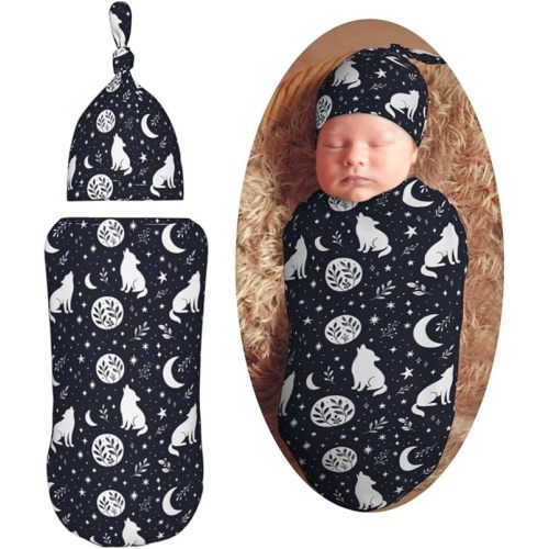 Boho Wolf Newborn Swaddle Blankets Hat Sets Soft Baby Receiving Blanket Swaddle Sack for Baby Shower Infant Boy Girl Gift