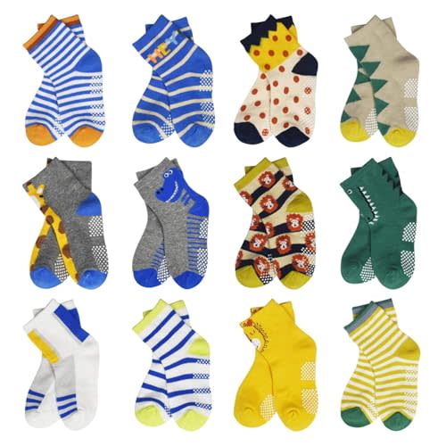 HYCLES Toddler Socks With Grip Non-Skid 12 Pairs Baby Kids Sticky Slipper Cotton Crew Socks 1-3/3-5/5-7T Children/Boy/Girl