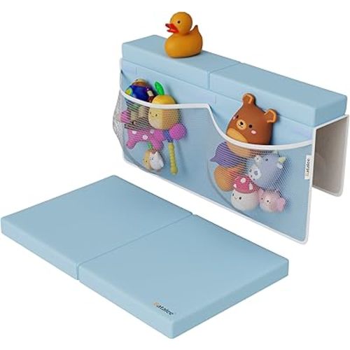 Baby Bath Kneeler and Elbow Rest Pad Set - Premium Gift for Expecting Moms, Non-Slip Thick Kneeling Pad, Foam Kneeler for Bathing Babies, Knee Saver with Toy Organizer (Large, Blue)
