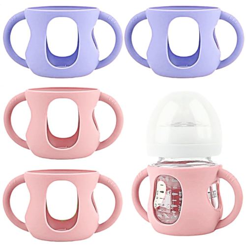 4 Pack Silicone Sleeves for Avent Natural Glass Baby Bottles, Silicone and Easy-Grip Handles for Drop Protection, Compatible with Philips Avent 4/8 OZ Glass Bottle (2 Pink+2 Purple, 4 OZ)