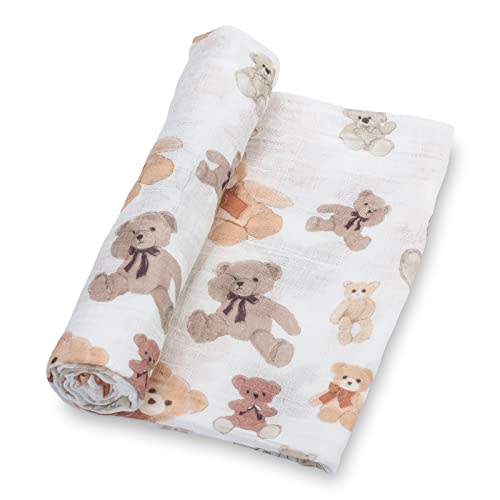 LollyBanks Swaddle Blanket | 100% Muslin Cotton | Gender Neutral Newborn and Baby Nursery Essentials for Girls and Boys, Registry | Teddy Bear Print