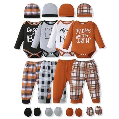 NZRVAWS Newborn Baby Boy Girl Clothes Unisex Infant Romper Pants Set Hat 4-Pack Outfits 0-12 Months 16 Pieces Toddler