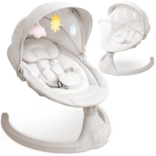 Jool Baby Nova Swing for Newborns - Electric Motorized Infant Swing, Bluetooth Music, 10 Preset Melodies, Remote (Updated Model, Stone)