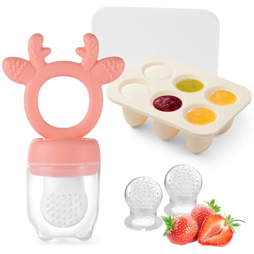 Powerwan Baby Fruit Food Feeder with Breastmilk Popsicle Molds,Teething Toys Silicone Teethers for Babies 3-12 Months for Baby Feeding Gift
