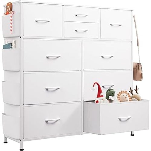 WLIVE White Dresser for Bedroom with 10 Drawers, Chest of Drawers with Side Pockets and Hooks, PU Storage Dresser, Sturdy Metal Frame, Drawers Organizer Unit for Living Room, Hallway, Closet