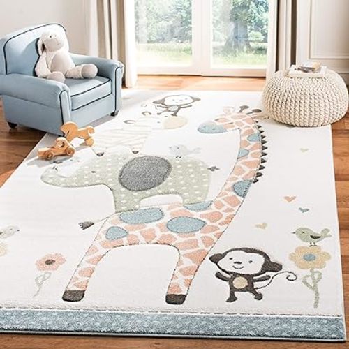 SAFAVIEH Carousel Kids Collection Area Rug - 6'7" x 9', Ivory, Animal Design, Non-Shedding & Easy Care, Ideal for High Traffic Areas for Boys & Girls in Playroom, Nursery, Bedroom (CRK120A)
