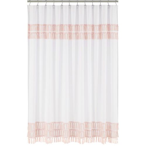 Sweet Jojo Designs Fabric Shower Curtain 72in.x72in. Boho Fringe White and Pink