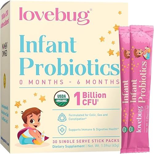 Lovebug Infant Probiotics 0-6 Months - USDA Organic Probiotics for Babies, Supports Baby Gas, Colic, Reflux, Diarrhea and Newborn Constipation Relief, Allergen & Sugar Free, Tasteless Powder, 30 Pack