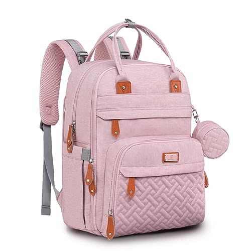 BabbleRoo Diaper Bag Backpack - Baby Essentials Travel Tote Multi function Waterproof Bag, with Changing Pad, Stroller Straps & Pacifier Case Unisex, Pink