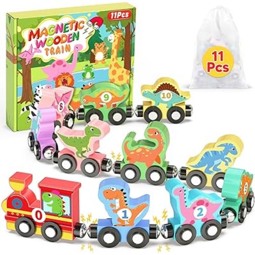 11 Pcs Magnetic Dinosaur Train Set Montessori Toys for 1 2 3 Years Old Toddlers Boys Girls, Wooden Dinosaur Preschool Learning Activities Educational Sensory Toys Birthday Gifts Ages 1-3, 2-4