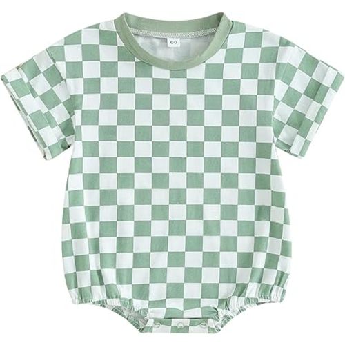 Unisex Baby Boy Girl Summer Clothes Checkered Bubble Romper Oversized Short Sleeve Romper Newborn Summer Outfit