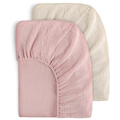 Yoofoss Muslin Crib Sheets for Boys Girls 100% Cotton Fitted Baby Crib Sheet 2 Pack Soft and Breathable for Standard Crib Mattress & Toddler Mattress 52"x28" Apricot&Pink - Apricot & Pink
