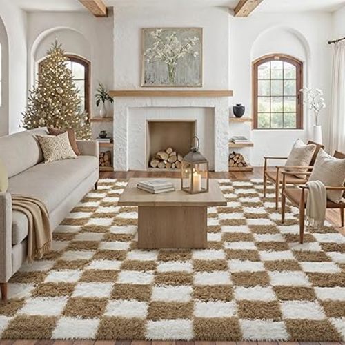 Checkered Rug 8x10 for Living Room, Beige and White Modern Shag Rug Washable Non-Slip Large Area Rug Super Soft Indoor Fuzzy Carpet Fluffy Rugs for Bedroom Home Aesthetic Decor