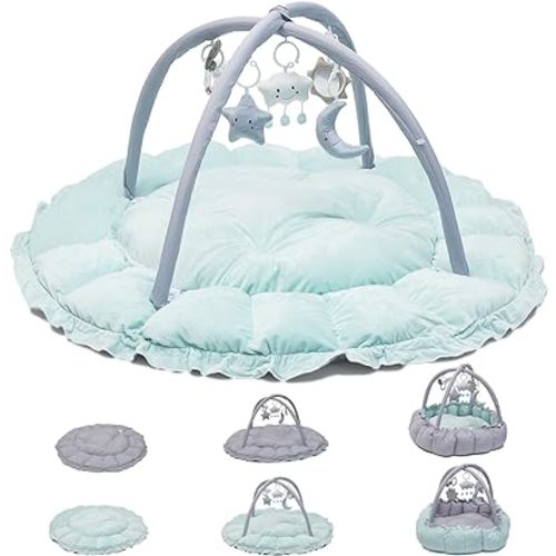 Baby Gyms & Playmats, 5 in 1 Thick & Plush Play Mat Activity Gym for Babies, 51” Baby Mat for Floor Tummy Time, Motor Skills & Sensory Development Mat With 5 Toys for Newborn Boy Girl 0 3 6 12 Months