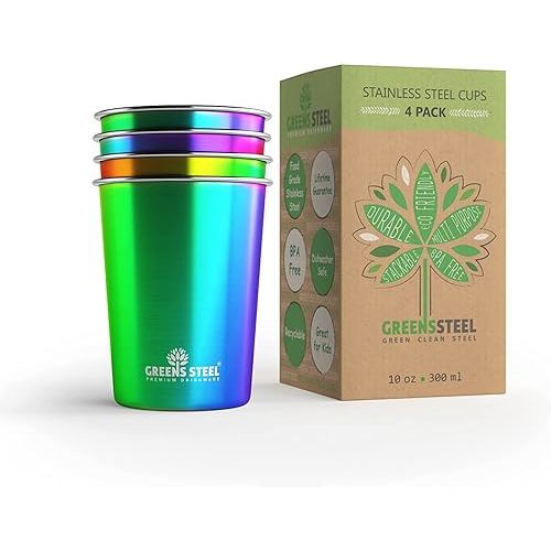 Greens Steel 10oz Rainbow Stainless Steel Tumbler (4 Pack) - Premium Metal Drinking Glasses | Stackable Durable Cup | Great for Kids