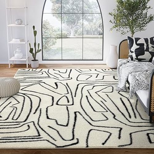 Abani Abstract Beige/Black Area Rug - 6'x9' - Modern Animal/Natural Lines Design - Deco Collection - Easy to Clean - Durable for High Traffic Areas - Bedroom, Office & Kitchen - Medium Pile