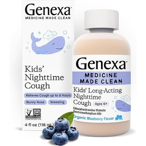 Genexa Kids' Nighttime Cough Medicine | Long-Acting Children’s Liquid Cough Suppressant and Temporary Relief for Runny Nose, and Sneezing for Kids 6+ | Delicious Organic Blueberry Flavor | 4 Fl Oz