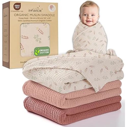 Organic Cotton Muslin Baby Blanket 3 Pack - 38x40 Inch Breathable Swaddle, Hypoallergenic Double-Layer, Versatile Use (Pink, Floral, Rust, 38x40 Inch)