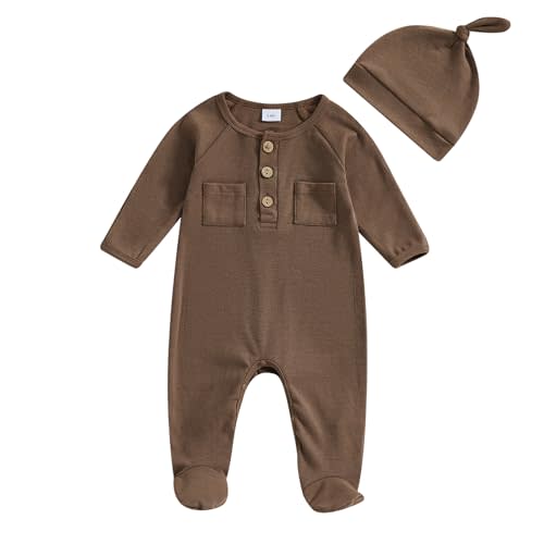 Mobbdow Newborn Baby Boy Girl Footies Romper Solid Button Long Sleeve Footed One-Piece Jumpsuit with Hat Coming Home Outfit