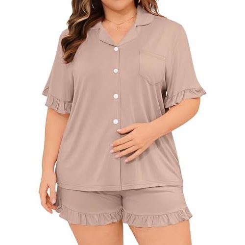SWOMOG Women Plus Size Pajamas Sets Button Down Sleepwear Short Sleeve Ruffles 2Pcs Lounge Sets Soft Summer Pjs 18W-26W
