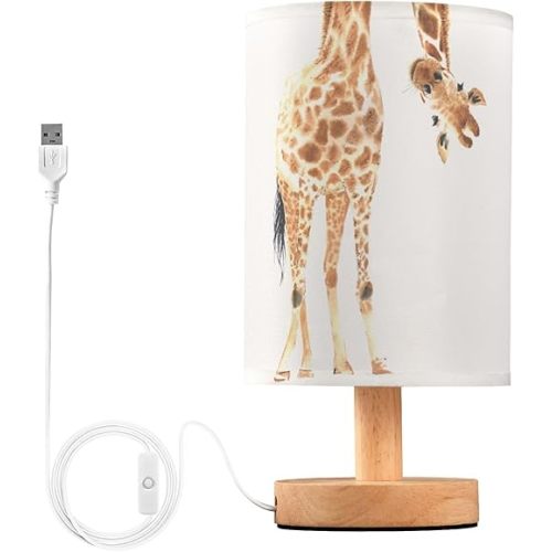 Table Lamp Funny Giraffe Peep Watercolor Animal Nightstand Lamp with Wood Base Fabric Lamp Shade Bedside Desk Lamp for Living Room Bedroom Kids Room Office