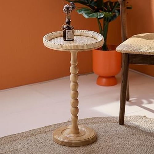 Drink Table,Rattan Round Small Side Table for Small Spaces, Boho Circle End Table Coffee Table with Solid Wood Leg for Living Room, Pedestal Table for Bedroom, Corners