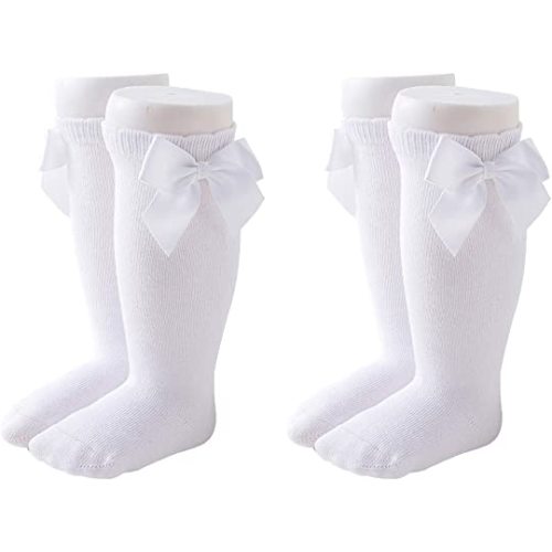 Maorrew 2 Pack Baby Girls Knee High Socks Bow Long Stockings Infants Toddlers Cotton Ruffled Uniform Leggings