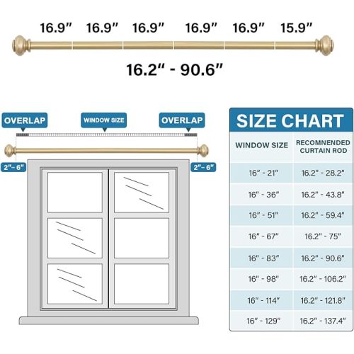 H.VERSAILTEX Curtain Rods for Windows 16.2 to 90.6 Inches 3/4 inch Diameter Adjustable Decorative Telescoping Curtain Rod with Brackets Heavy Duty Splicing Window Rods with Classic Finials, Gold