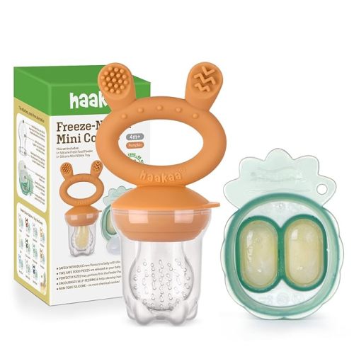 Haakaa Baby Fruit Food Feeder & Mini Freezer Nibble Tray Combo, Breastmilk Popsicle Molds for Baby Cooling Relief, BPA Free Silicone Feeder for Safe Infant Self Feeding, 4 Month+ (Pumpkin)