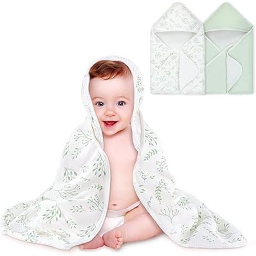 Baby Towels 2 Pack,Hooded Baby Towels Set,Baby Infant Bath Towels with Hood,Soft and Absorbent Nursery Towel,Large 28x28 Inch, Newborn Essential(Mint Green Leaves + Mint Green)