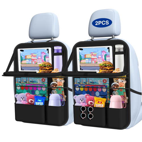 DEIKAL Car Backseat Organizer with Table Tray, 9 Storage Pockets Backseat Car Organizer with Tablet Holder, Kick Mats Back seat Organizer seat protector for Adult Road Trip Essentials Travel (2Pack)