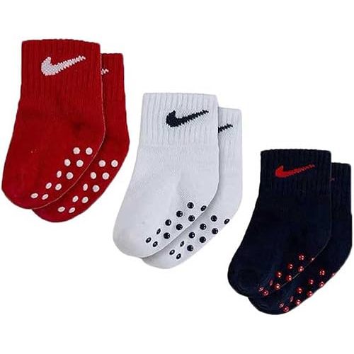 Nike Pack of 3 Swoosh Infants Non Slip White/Red/Navy Ankle Socks
