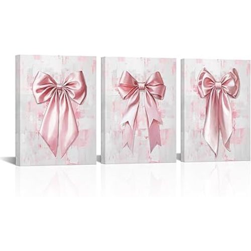 Visual Art Decor Bow Pictures Girls Bathroom Bedroom Wall Decor, Bow Wall Art Framed 12x16inchx3 Pieces (Pink)