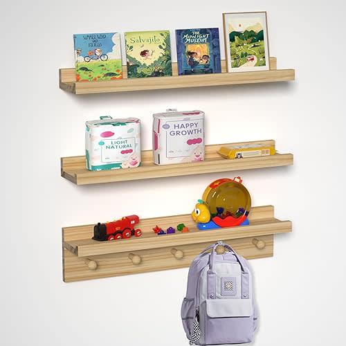 MBYD Natural Wood Floating Shelves, Unfinished Wood Picture Ledge, 24 Inch Picture Ledge for Kids Room, Floating Nursery Book Shelf with Hooks for Living Room, Kitchen, Bathroom