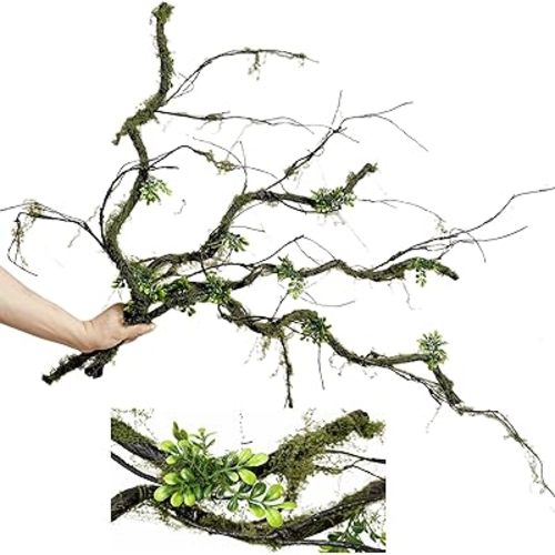 43 inches Moss Twig Vines Artificial Trees Branches Jungle Climber Fake Greenery Twigs Trunk with Greenery for Home Decor Garden Landscape Hanging Reptile Habitat Decor (Green - Pack of 4)