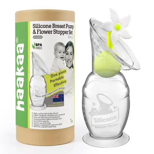 Haakaa Manual Breast Pump Silicone Breast Pump Milk Saver Milk Pump with Suction Base and Flower Stopper 100% Food Grade Silicone BPA Free (5oz/150ml) (White)