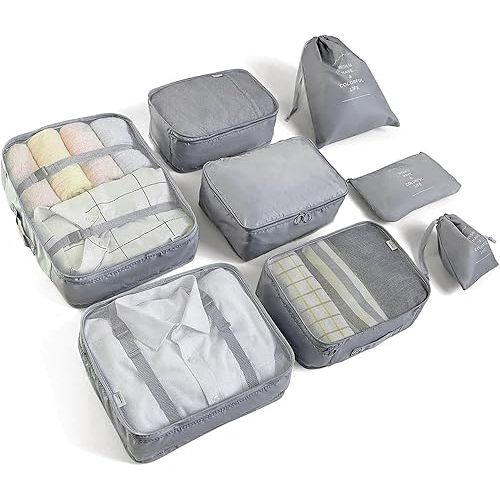 8 Set Packing Cubes for Suitcases Travel Luggage Packing Organizers,Travel Essentials Accessories Luggage Organizer with Shoe Bag Tioletry/Laundry Bag(Grey)