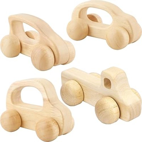4 Pieces Wooden Toy Cars Mini Push Wood Truck Car Natural Wood Toys for Baby Toddler Birthday Party Gifts Nursery Decoration, 4 Styles