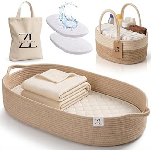ZEAL'N LIFE 5-in-1 Baby Changing Basket Set – Organic Cotton Rope Moses Basket with Waterproof Changing Pad, Diaper Caddy, Soft Baby Blanket & Tote Bag – Neutral Nursery Decor, Newborn Baby Gift