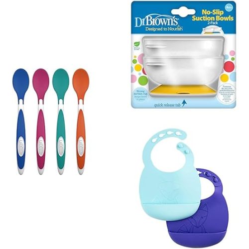 Dr. Brown’s Toddler Feeding Set with Designed to Nourish TempCheck Silicone Spoons, 4-Pack, No-Slip Suction Bowl, 2-Pack, and Baby Bib with Adjustable Collar and Fox Design, 2-Pack