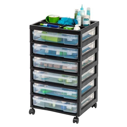IRIS USA Fits 12" x 12" Paper, 6-Tier ScrapbookRolling Storage Cart with Organizer Top for Papers Vinyl Tools Office Art and Craft Supplies, Yarn, Black Frame with 6 Clear Cases w/ Built in Handle