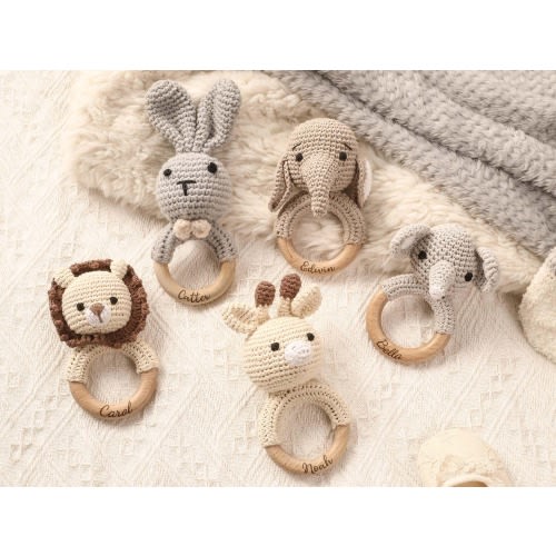 Personalized Baby Crochet Rattle, Custom Animal Rattle, Newborn Baby Gift, Baby Shower Gift,Wooden Rattle Toy,Engraved Rattle Ring with Name