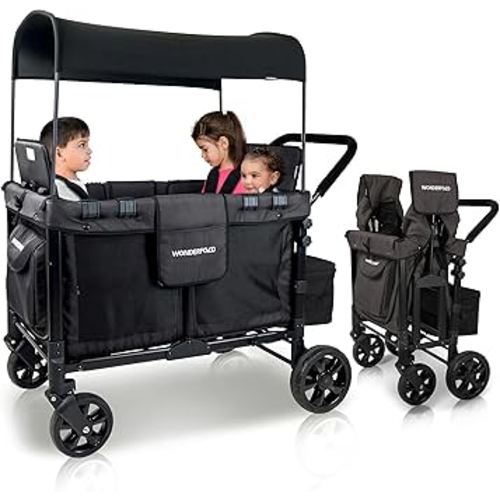 WONDERFOLD W4 Original Stroller Wagon (4 Seater) - Collapsible Wagon Stroller with Seats with 5-Point Harnesses, Easy Access Zipper Door, and Removable Sun Canopy, Black