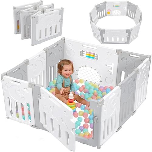 Baby Playpen, Dripex Baby Playard for Babies and Toddlers, 10-Panel Foldable Playpen Adjustable Portable Play Area, Indoor/Outdoor Kids Active Center with Game Panel & Safety Gate, Grey White