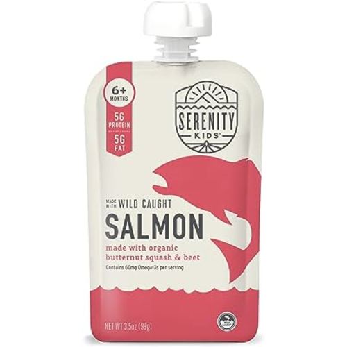Serenity Kids 6+ Months Baby Food Pouches Puree Made With Ethically Sourced Meats & Organic Veggies | 3.5 Ounce BPA-Free Pouch | Wild Caught Salmon, Butternut Squash, Beet | 12 Count